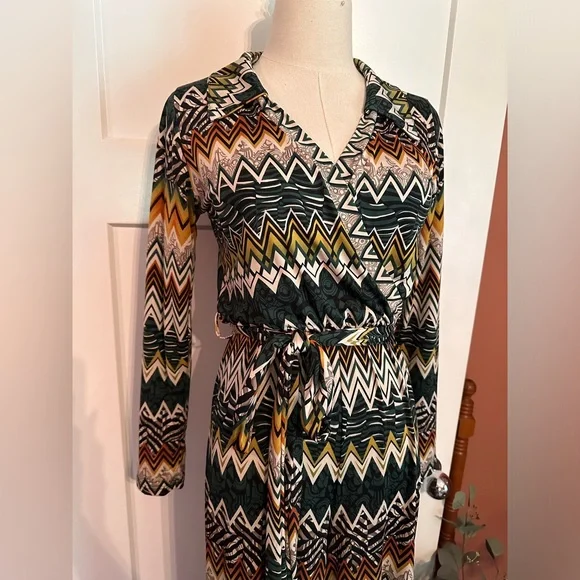 Kathi Rich Emerald zig zag pattern collar S faux wrap belt long sleeve jumpsuit - Picture 2 of 15